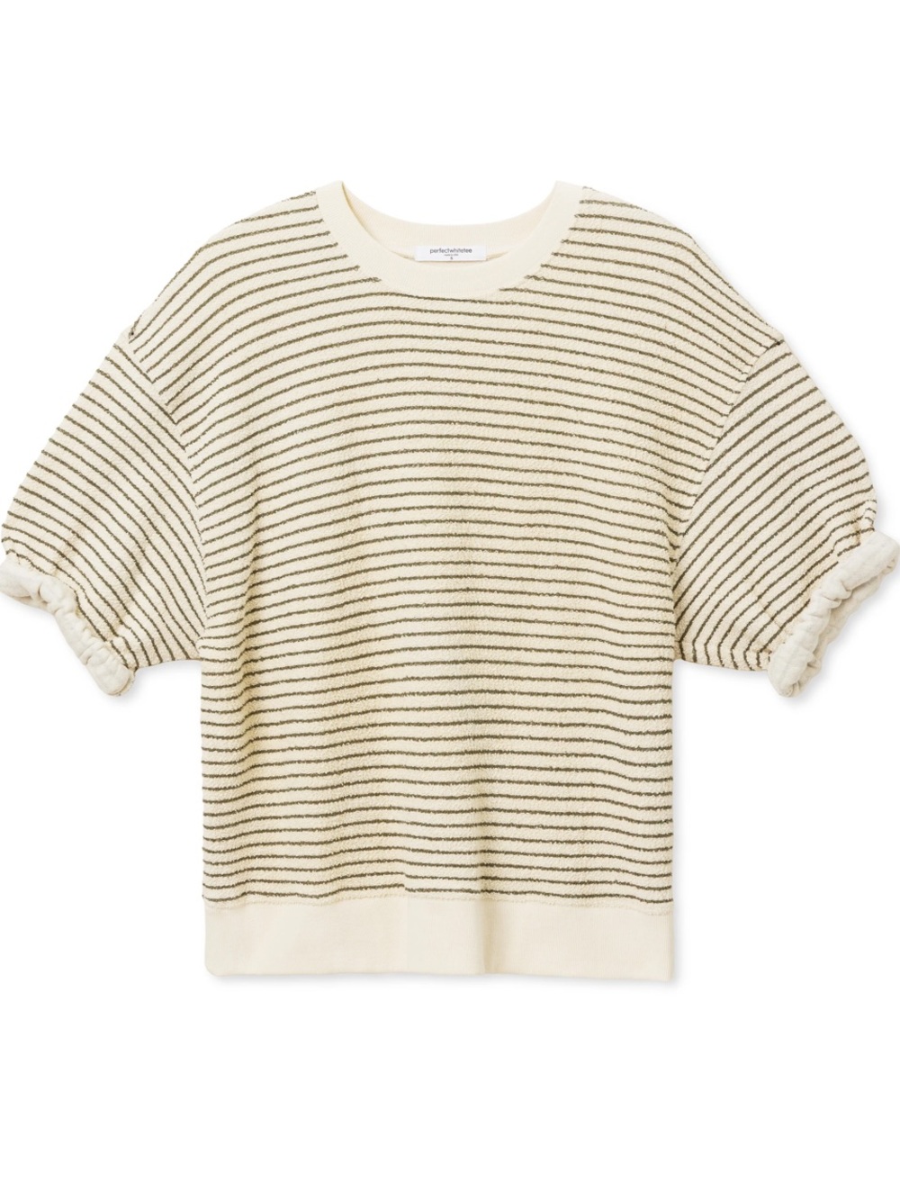 perfectwhitetee Cream & Green Striped Short Sleeve Sweater, Size Medium, NWT - Picture 3 of 4